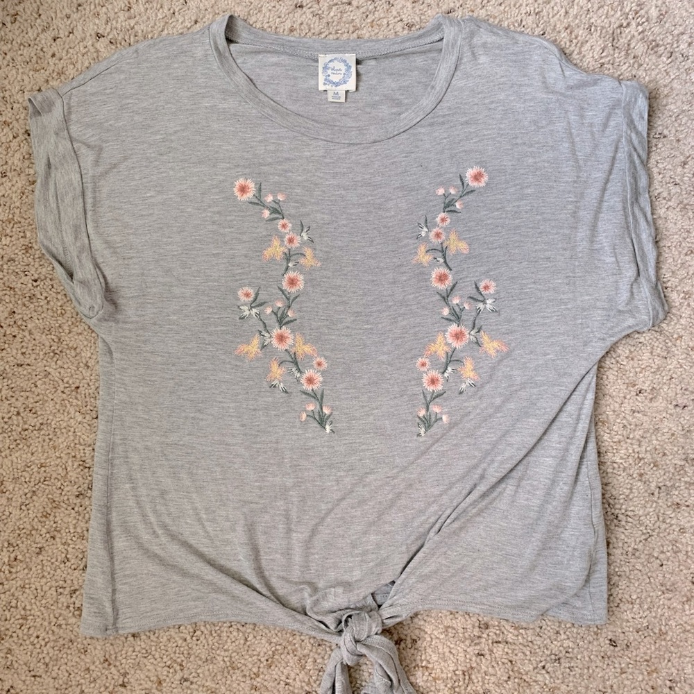 Francesca’s Grey & Embroidered Knit Top